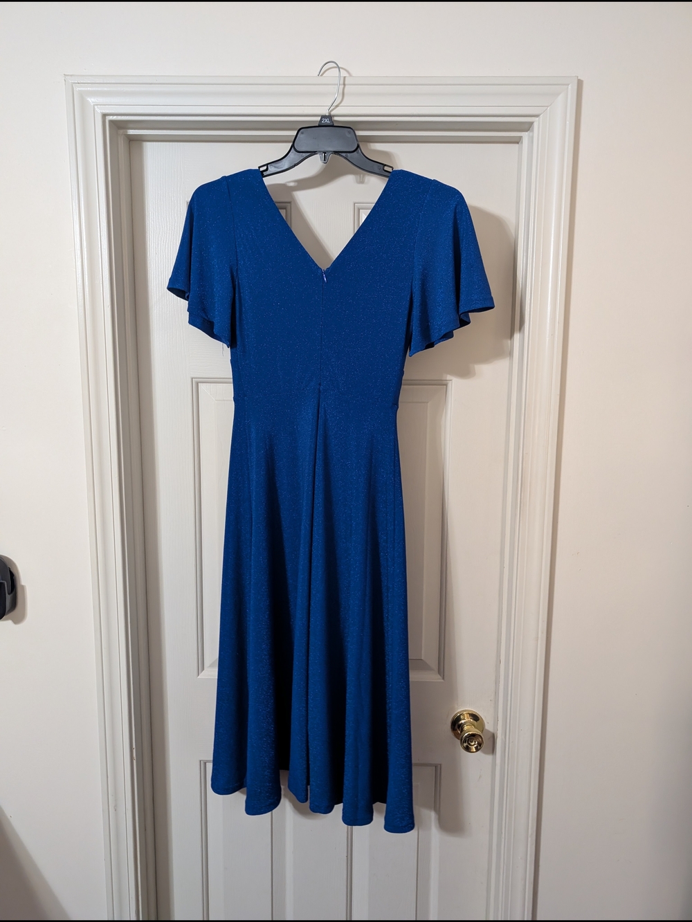 Elegant V-Neck Blue Midi Dress with Flutter Sleeves